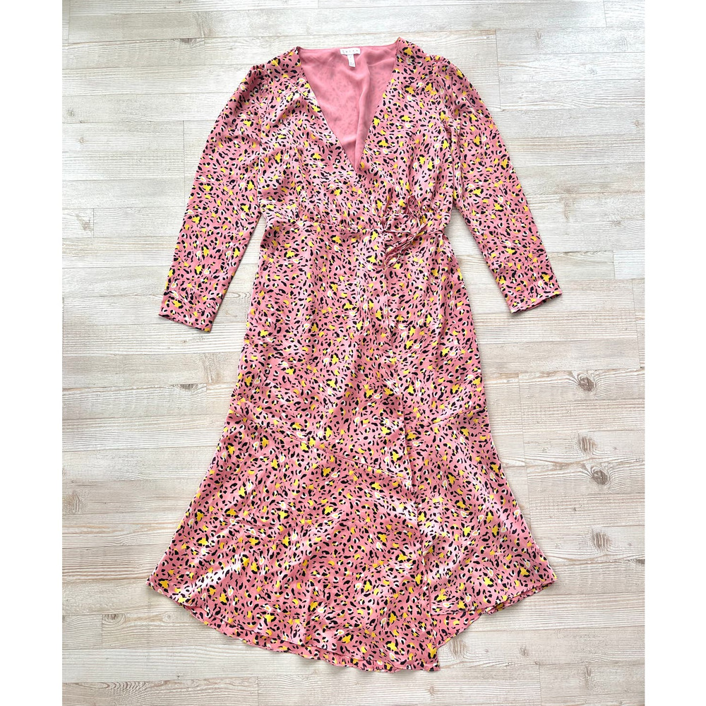 Leith Leopard Print Long‎ Sleeve Satin Midi Wrap Dress | Pink Size Small